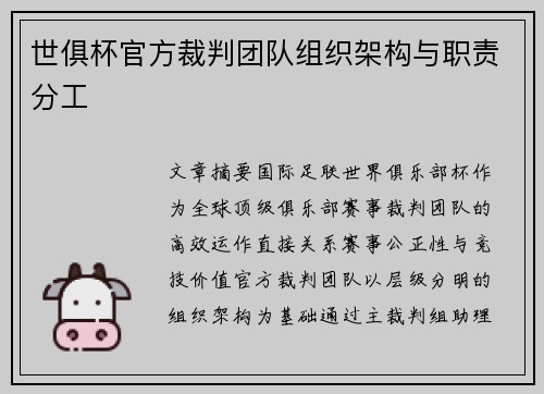 世俱杯官方裁判团队组织架构与职责分工